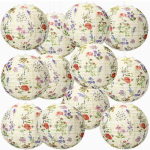 Honoson 12 Pcs Floral Paper Lantern Party Decorations Tea Party Decorations 10 Inch Flower Wildflower Summer Hanging Round Paper Lanterns for Bridal Shower Wedding Birthday Spring Supplies