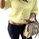 GORGLITTER Women's Cropped Button Up Fuzzy Cardigan Sweater Slouchy 3/4 Puff Sleeve V Neck Knit Tops (Yellow, M)