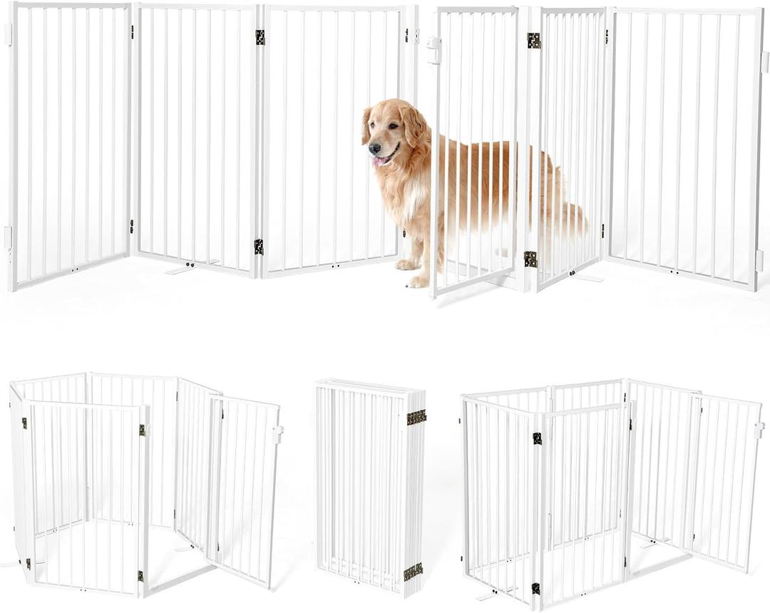 Metal Freestanding Dog Gates with Door for Outdoor Indoor,120'' Extra Wide 36'' Tall Free Standing Dog Gate for Doorways,Large Openings,Deck,Yard,Porch,Foldable Pet Fence(White,6 Panels)