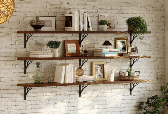 foxsky Floating Shelves for Wall, 60 Inch Walnut Finish Pine Wood Shelf
Farmhouse rustic wall mounted display shelves with metal brackets for living room, kitchen, bedroom and laundry, set of 3