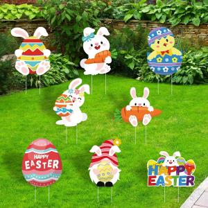 8 Pcs Easter Yard Signs Garden Decoration Outdoor Yard Signs Egg Bunny Rabbit Carrot Basket Chicken with Stakes for Easter Party Decorations Lawn Photo Props Patio Walkway