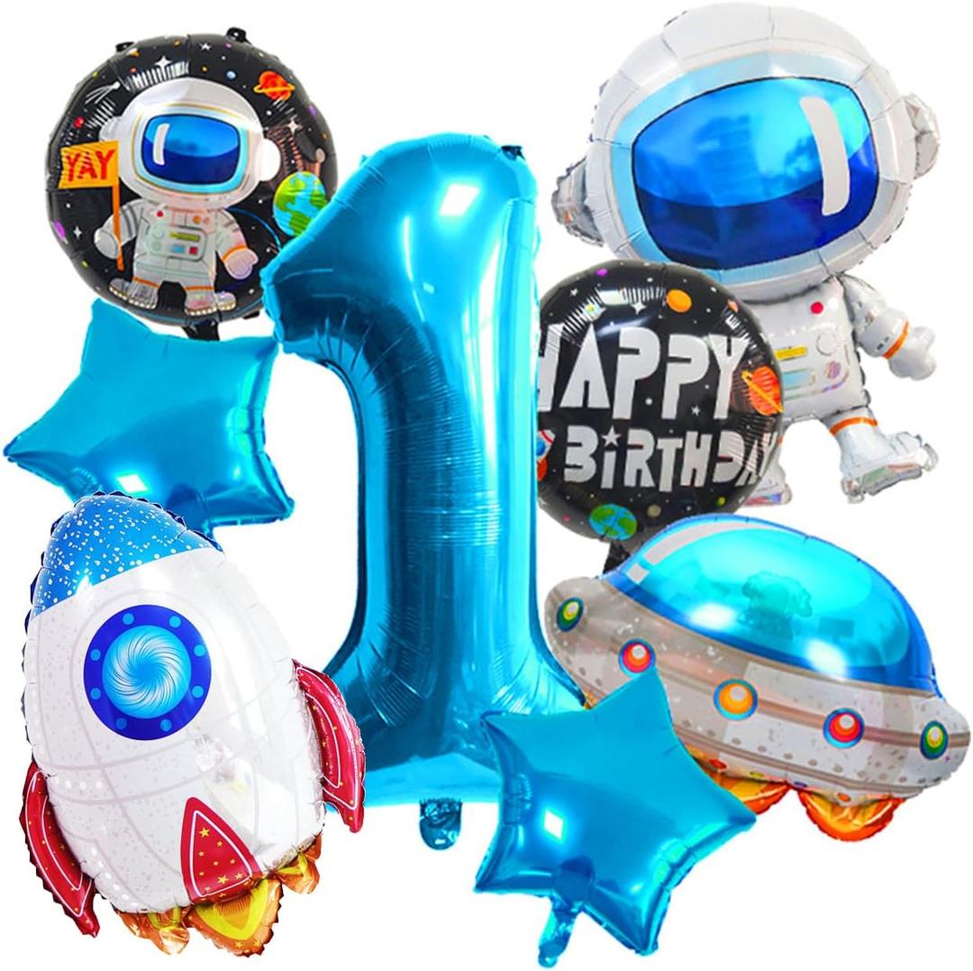 Large Astronaut Space First Balloons Set, Blue Number 1 Space Birthday Balloons Airship Planet Rocket Galaxy Foil Balloons for Outer Themed 1st Party Decorations 8 Pcs