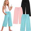 3 Pack Girls Capri Pants Kids Wide Leg Sweatpants Casual Elastic Waist Drawstring Summer with Pockets 5-16Y