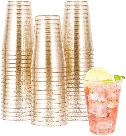JOLLY CHEF 10 oz 50 Pack Gold Plastic Cups, Disposable Gold Glitter Plastic Cups Tumblers, Ideal for Wedding Halloween, Thanksgiving, Christmas Parties