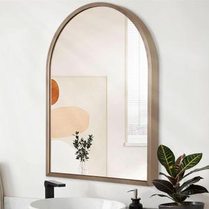 Arched Wall Mirror Aluminum Alloy Frame Bathroom Mirror Brushed Metal Vanity Wall Mounted Mirror for LivingRoom Bedroom Entryway Room Home Decor Brass 16"x12"