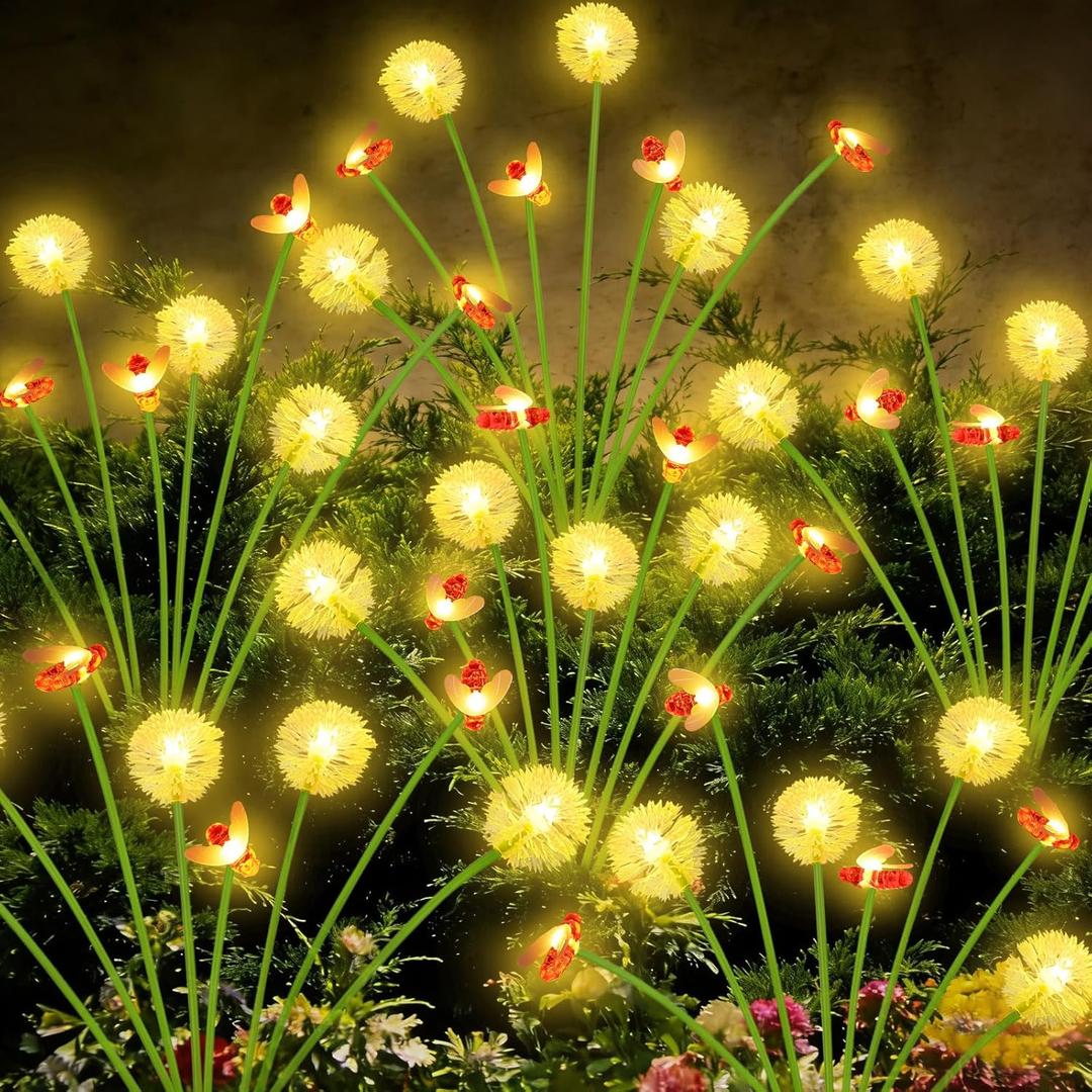 Solar Garden Lights Outdoor, 6 Pack 48 LED, Solar Swaying Dandelion Bee Lights Waterproof, Swaying Firefly Lights for Yard Pathway Lawn Patio Decorations, 2 modes (Steady on, Slow Twinkle), Warm White