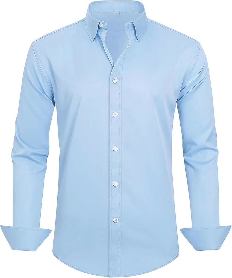 Shtexus Men's Long Sleeve Dress Shirt Button Down Wrinkle Free (Blue, L)