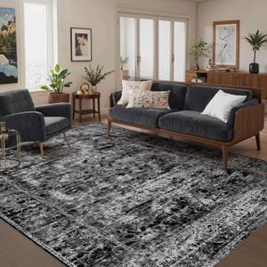 OHWPEAT Area Rugs 5x7, Washable Black Rugs for Living Room, Bedroom, Vintage Boho Indoor Soft Carpet for Dining Room, Low Pile Rugs for Office, Farmhouse