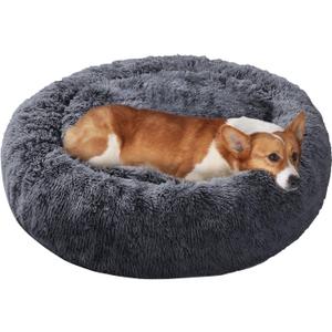JOLLYVOGUE Dog & Cat Bed, Calming Anti-Anxiety Pet Bed for Small Dogs, Fluffy Donut Cushion for Small and Medium Pets (23") (Dark Grey)