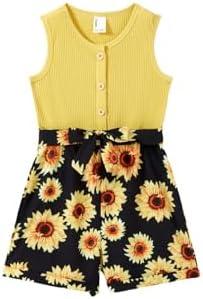 PATPAT Girls Rompers Size 8-9 Years V Neck Ribbed Sleeveless Button Down Jumpsuits with Belt Summer Outfits Cute Clothes (8-9 Years, Black)