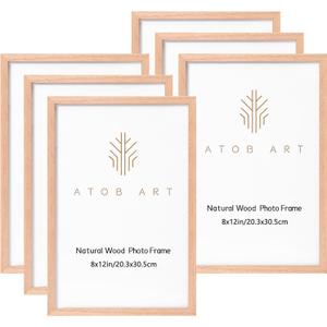 ATOBART 8x12 Picture Frames Solid Wood, 6 Pack OAK Photo Frame Set with Real Glass Cover, Natural Wood Color Frames, for Wall Mounting or Tabletop Display