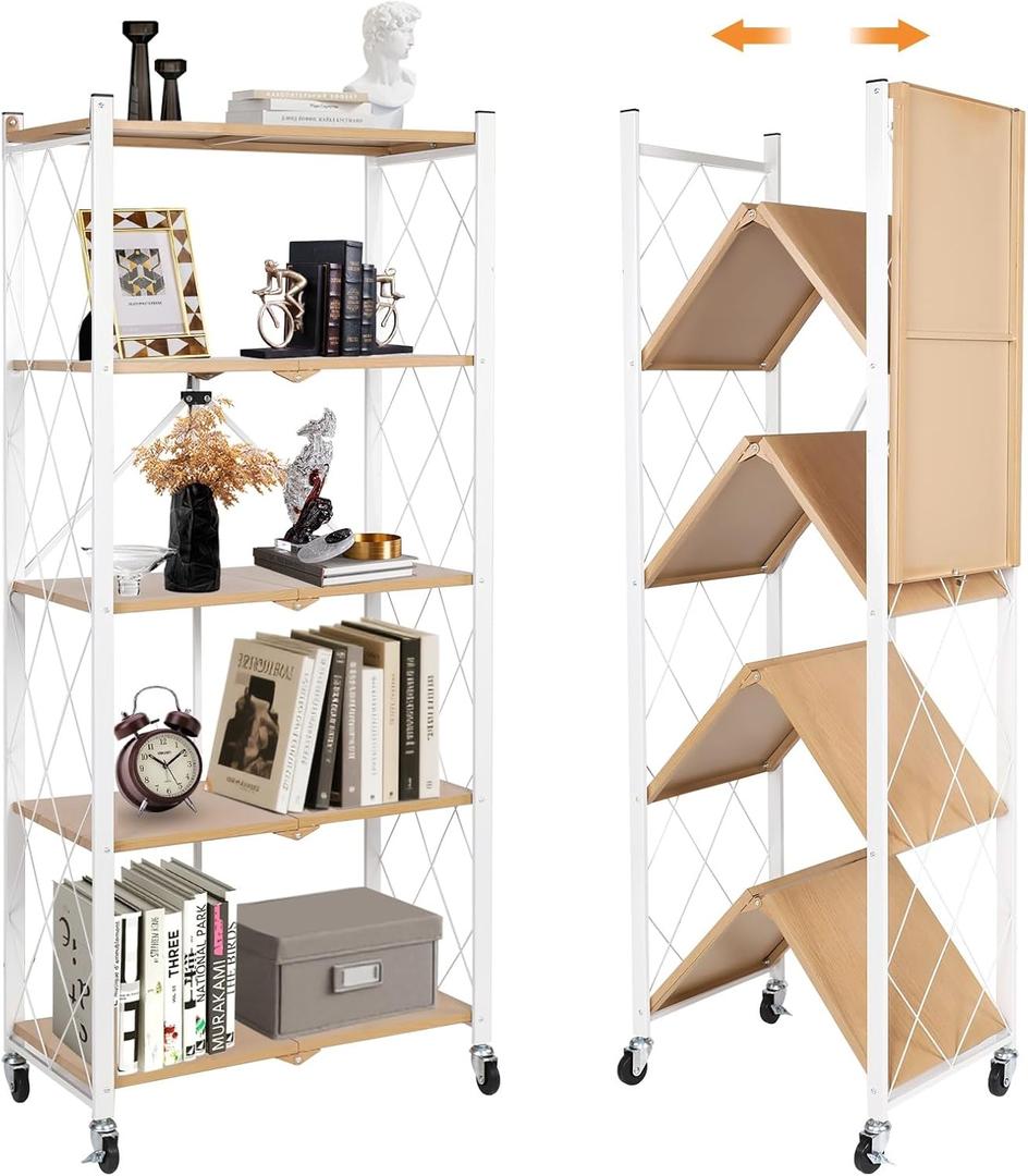 Yuanjimi 5-Tier Foldable Storage Shelves with Wheels, Folding Metal Shelf Unit, Folding Bookshelf no Assembly, Collapsible Shelves for Craft Shows for Kitchen, Bedroom, Living Room, Natural