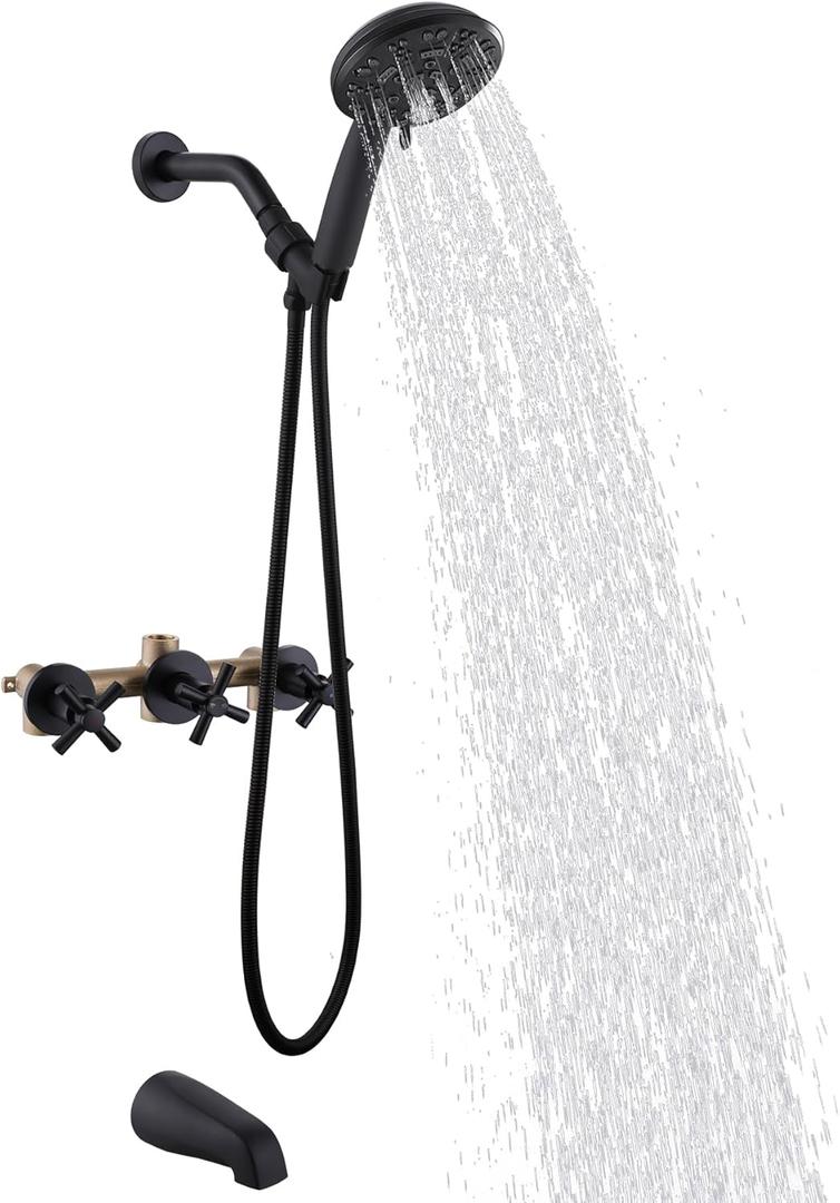 3 Handles Shower Tub Kit,Tub and Shower Faucet Set with 8-Setting Handheld Shower Head and Tub Spout,Matte Black