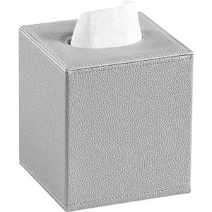 PU Leather Tissue Box Cover Square Rectangle Tissue Box Holder with Magnetic Closure, Decorative Tissue Holder for Bathroom Bedroom (Silver, Square)