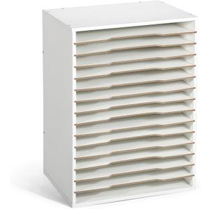 Caydo 15 Slot Paper Organizer Storage, Wood Adjustable Shelves Paper Storage Shelf with Extraction Slot for 12x12Inch Scrapbooks, Heat Transfer Papers, Files, Vinyl for Office, Home (White)