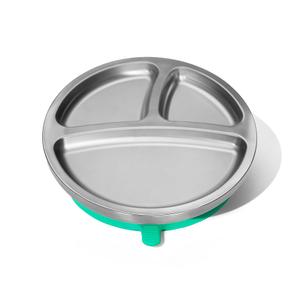 Avanchy Open Baby Plates with Suction  Stainless Steel Divided Plates for Toddlers, BPA-Free, Dishwasher Safe, Unbreakable, Non-Toxic, 100% Silicone Suction  Black