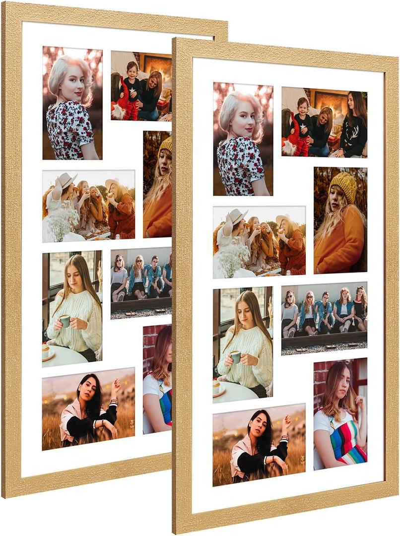 11.8x21.8 Collage Frame with 8 Openings 4X6 Pictures, Multiple Picture Frame with Mat, Wall or Tabletop Decor, Natural Wood Grain,2 Pack