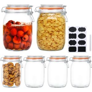 Encheng Glass Jars 32oz,Airtight Glass Food Storage Jar with Clamp Lid,1000ml Rounded Airtight Canister with Leak Proof Rubber Gasket, Clear Glass Kitchen Jars for Dry Food, Cereal, Beans, 6 Pack