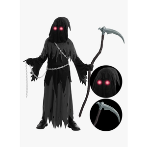 Spooktacular Creations Glowing Eyes Grim Reaper Costume for Kids, Halloween Costume for Boys, Halloween, Dress-up Party, Size XL for 12-14YRS