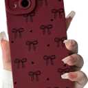 NITITOP Compatible for iPhone 15 Plus Case Cute Bow Knot - Wine Red | Aesthetic, Stylish, Ribbon bow love heart pattern, Full-lens protection, For girls women, Soft TPU, Shockproof, Waterproof
