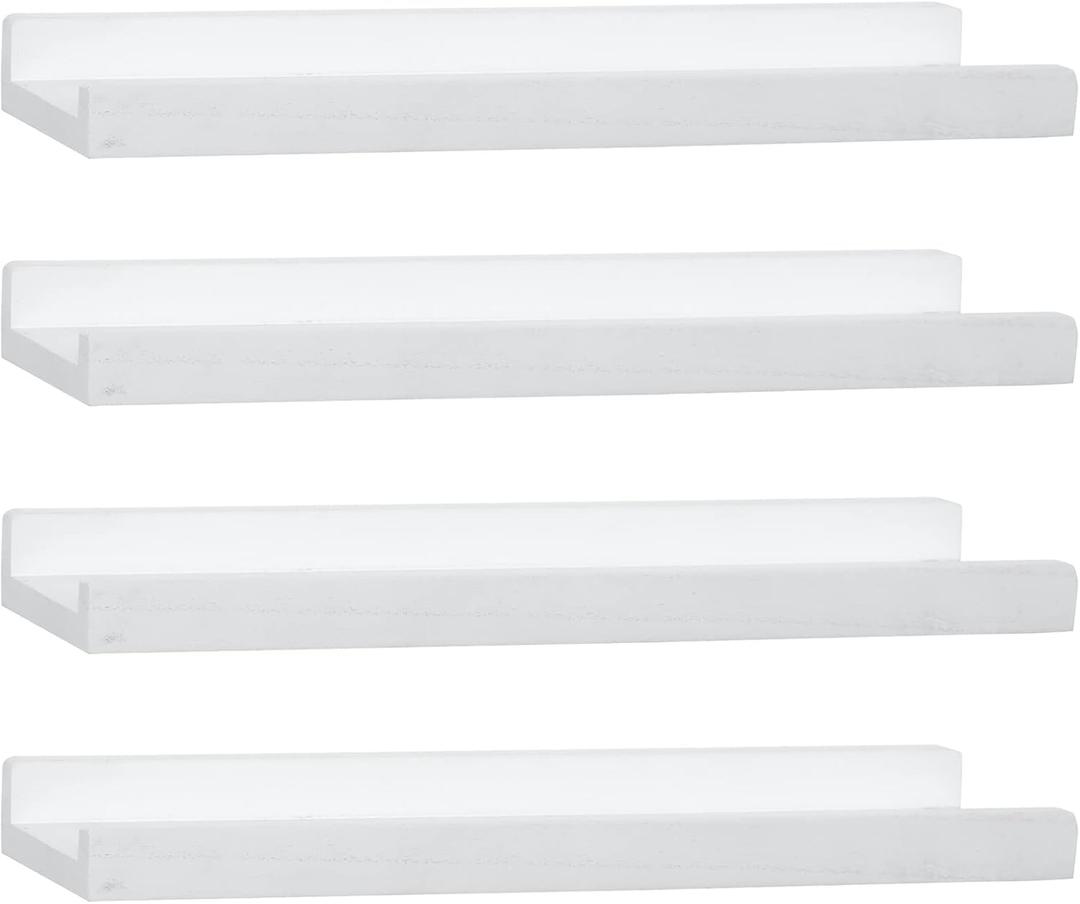 PHOENANCEE Picture Floating Shelves with Lip,Photo Frame Ledge Set of 4,Rustic Wood Storage Display Wall Mounted for Living Room Bedroom Kitchen Kids Nursery Book,Home Decor (White,17 Inch)
