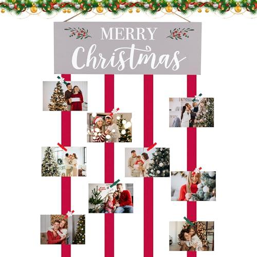 GloxwRiyt Christmas Card Holder Display, Wooden Xmas Hanging Picture Holder with 30 Photo Clips, Merry Christmas  Display Farmhouse Wall Door (Grey)