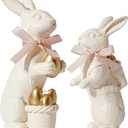 WDS WONDROUS White Easter Bunny Figurines Set of 2, Resin Rabbit Statues with Gold Eggs & Pink Ribbon Bow, Spring Home Decor Centerpiece, Indoor Easter Decorations & Gift for Women, Family