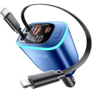 Car Charger, iPhone Fast USB C Phone Car Charger, Cigarette Lighter Adapter with 2 Cables 25 Inch and 2 USB Ports, Retractable 4 in 1Multi Port USB Car Charging for iPhone 17/16/15/14/13/Pro Max-Blue