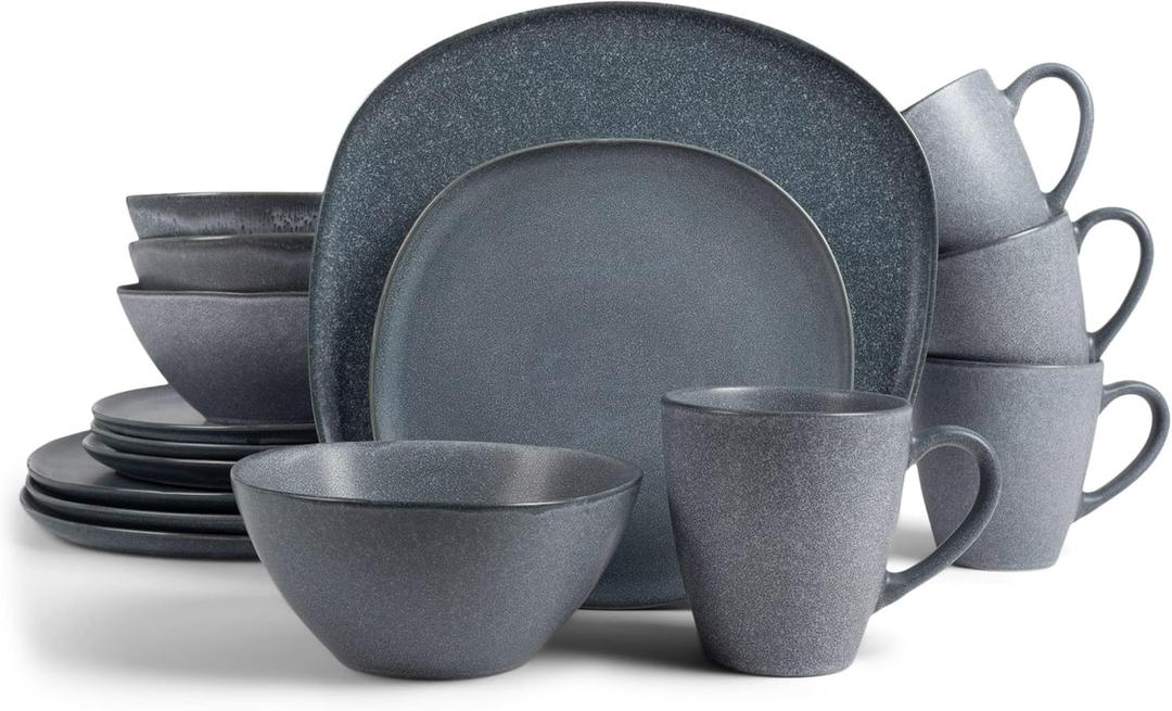 Elanze Designs 16-Piece Modern Luxury Chic Smooth Vintage Handmade Shape Matte Finish Ceramic Stoneware Square Plate Mug & Bowl Kitchen Dinnerware 16 Piece Set - Service for 4, Slate Grey
