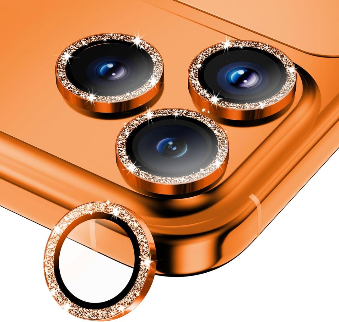 Camera Lens Protector for iPhone 17 Pro Max/17 Pro/16 Pro Max/16 Pro/15 Pro Max/15 Pro/14 Pro Max/14 Pro, Tempered Glass Metal Individual Cover[Anti-drop] Case Friendly- Glitter Cosmic Orange