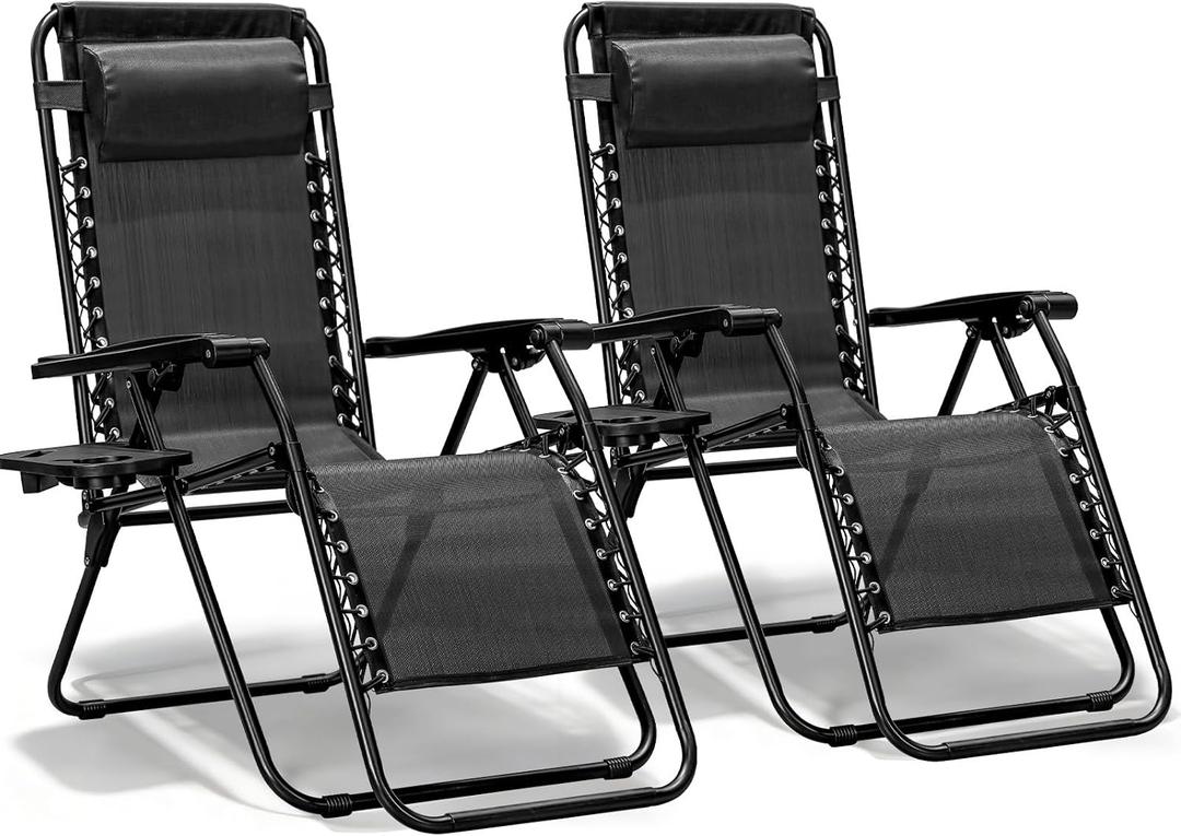 2 Pack Zero Gravity Chair, Adjustable Lounge Chair, Outdoor Recliner, Folding Anti Gravity Lounge Chairs, Lawn Chairs Reclining with Pillow & Cup Holder for Pool Camping Sunbathing Beach Patio (Black)