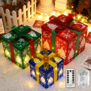 Set of 3 Christmas Lighted Gift Boxes, (3-Piece), Outdoor Christmas Decorations, Battery Operated Light Up Present Boxes for Christmas Trees Indoor Outdoor Home Yard Lawn