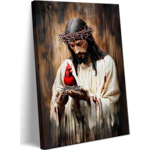 Jesus and Cardinal Canvas Wall Art Jesus with Cardinalis Painting Decor Picture Christian God Red Birds Posters Prints for Dining Living Prayer Room Kitchen Church Wall Bedroom Decoration (24"L x 16"W)