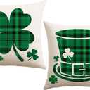 Artscope St Patricks Day Clover Green Hat Throw Pillow Covers 20x20 Inch Set of 2, Buffalo Plaid Shamrock Hat Holiday Decoration Pillow Cases for Home Sofa Couch