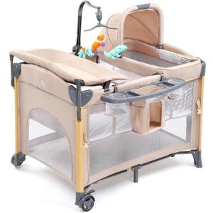 JOYMOR 7 in 1 Bedside Bassinet with Changing Table, All in One Nursery Center, Bedside Sleeper with Mattress, Sheet, Canopy, Storage Shelf (Beige), 43*30*33 inch