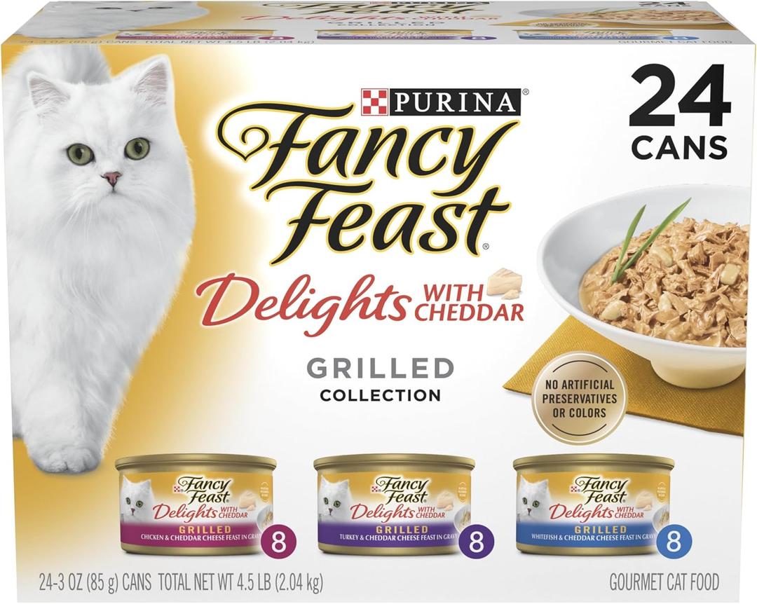 Purina Fancy Feast Delights with Cheddar Grilled Chicken, Turkey or Whitefish and Cheddar Cheese Feast in Gravy Wet Cat Food Variety Pack - (Pack of 24) 3 oz. Cans (EXP 01/31/28)