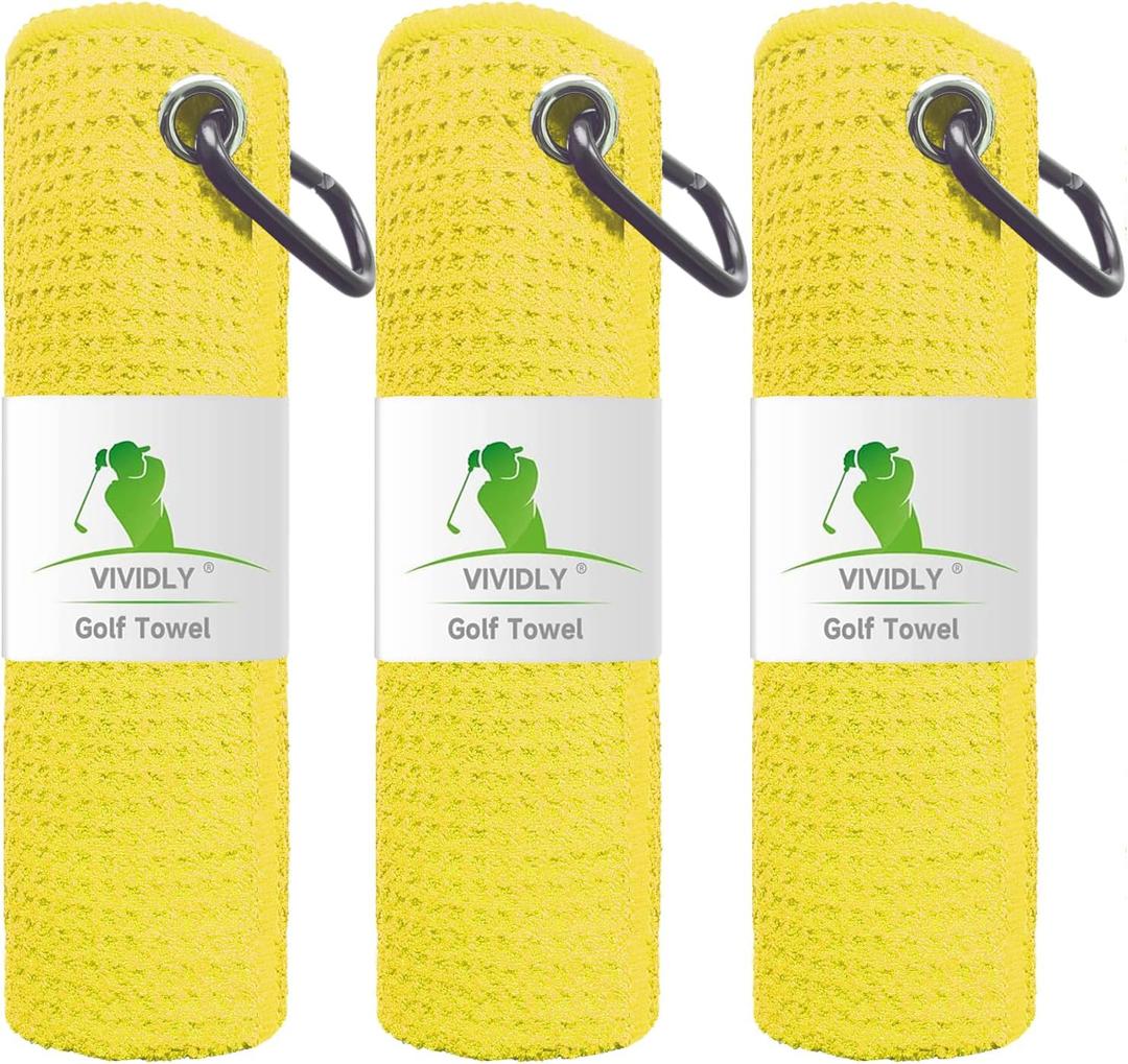 VIVIDLY 3 Pack Golf Towels, Microfiber Waffle Pattern Golf Towel, Suitable for Men's Golf Gifts (Yellow)