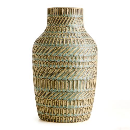 Modern White Ceramic Vase, Boho Flower Vases for Decor, 5.1" W x 8.7" H Modern Vase with Textured Pattern Table Centerpiece for Living Room Office Bedroom (Turquoise Vase)