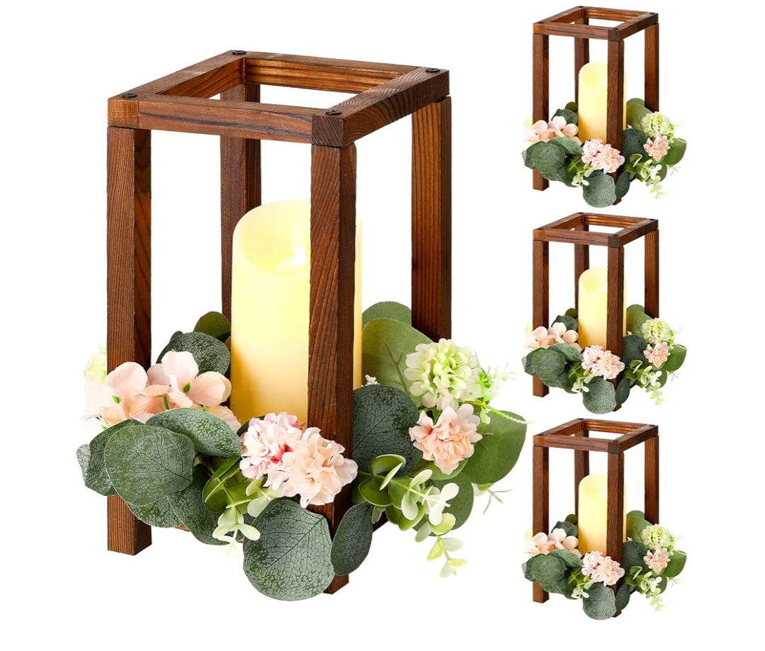 Amyhill 12 Pcs Wooden Lantern Centerpieces for Wedding Rustic Wedding Table Decorations Decorative Wooden Lantern Candle Holder with Flameless LED Candles Candle Rings Wreaths for Christmas (Fresh)