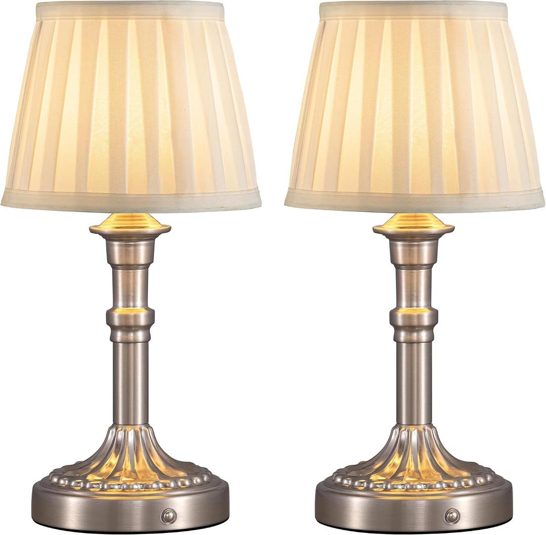 KDG Cordless Portables Table Lamp Set of 2, LED Fabric Shade Small Desk Lamps, 5000mAh Battery Powered Lighting, 2700K Stepless Dimmable Light for Living Room, Dining Room, Bedroom, Bedside (Nickel)