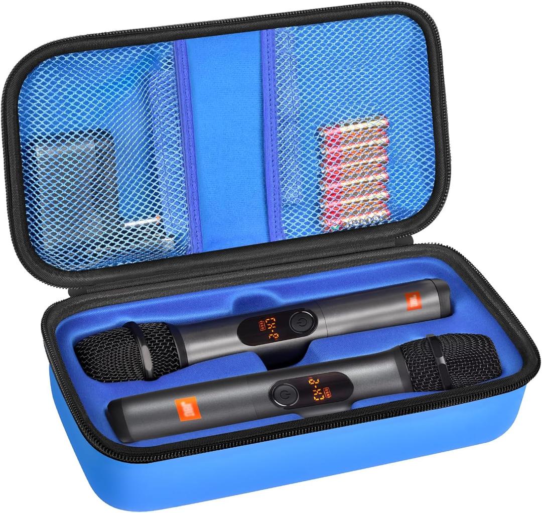 Wireless Microphone Case Compatible with JBL Wireless Two Microphone System, Handheld Dual Mic Travel Bag for Singing or Karaoke for Receivers, Adapters, AA Batteries (Blue)