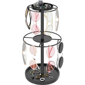 LSK 2 Tier Metal Sunglasses Organzier, Glasses Holder Stand with Storage Trays, Sunglasses Organizer Storage with Anti-Slip Pads for Tabletop, Desk, Dresser, Black