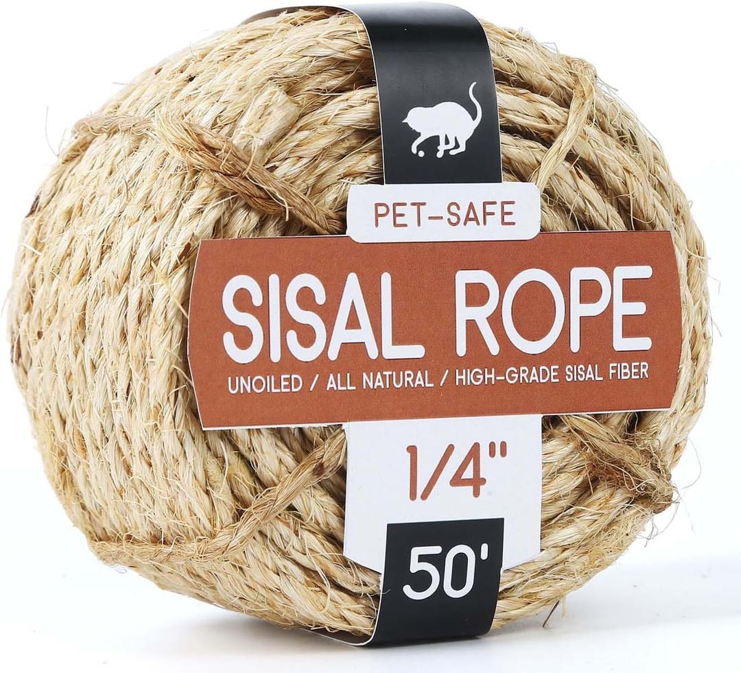 Twisted Sisal Rope 1/4" x 50ft - All Natural Chemical Free, Cat Tree Rope Twine for Scratching Post Repair, Replacement, and Crafts Gardening Home Decorating
