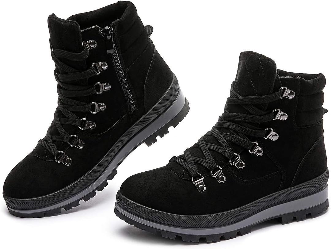 FRACORA Womens Combat Boots Lace Up Ankle Boots Winter Snow Boot Side Zipper Fashion Booties (Brown)