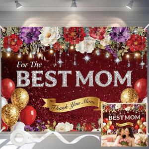 Mothers Day Backdrop 7x5FT Happy Mothers Day Banner with 32.8ft Ribbon, Polyester Floral Mothers Day Banner with 4 Brass Grommets for Mothers Day Party Decorations Photography Background