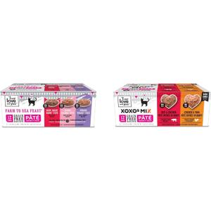 I AND LOVE AND YOU Wet Cat Bundle with Naked Essential Farm to Sea Variety Pack + XOXOsBeef Variety Pack BB 07/25/28 (4 Pack, 48Ct)