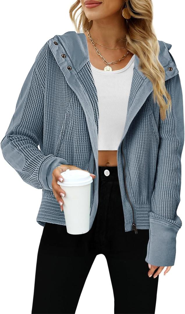 Yanekop Womens Waffle Knit Jackets Zip Up Hoodie Jacket Long Sleeve Cropped Hoodie Fall Outfits Casual Winter Clothes (Small, Dusty Blue)