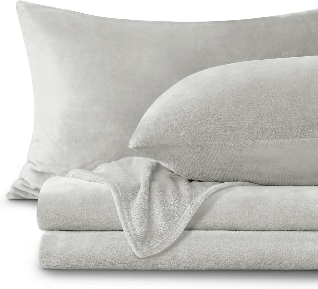 BEDELITE Flannel Sheets King Size Light Grey - Super Soft Fleece Sheets Set Fluffy Extra Plush, 4 Piece(Include Fitted Sheet, Flat Sheet, 2 Pillowcases)