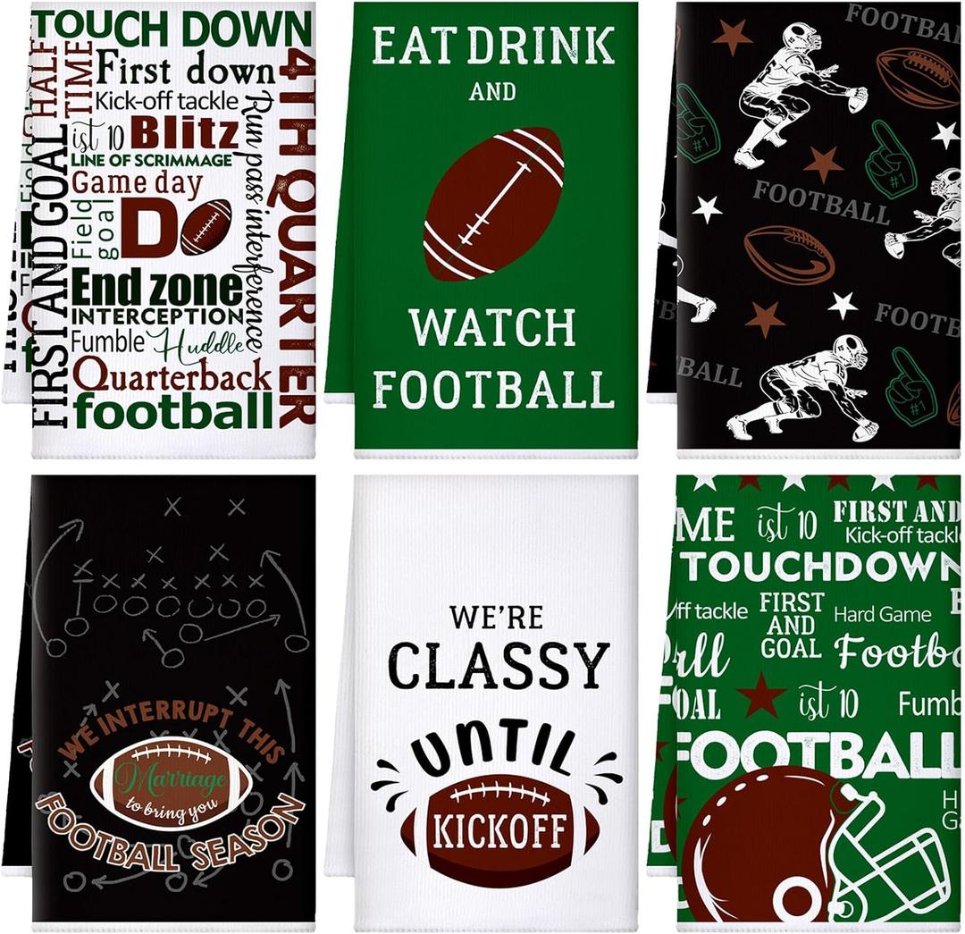 6 Pcs Football Kitchen Towels Decorative Football Dish Hand Towels Sports Theme Absorbent Dish Cloths Tea Washcloths for Bathroom Gift, 15.75 x 23.62 Inch
