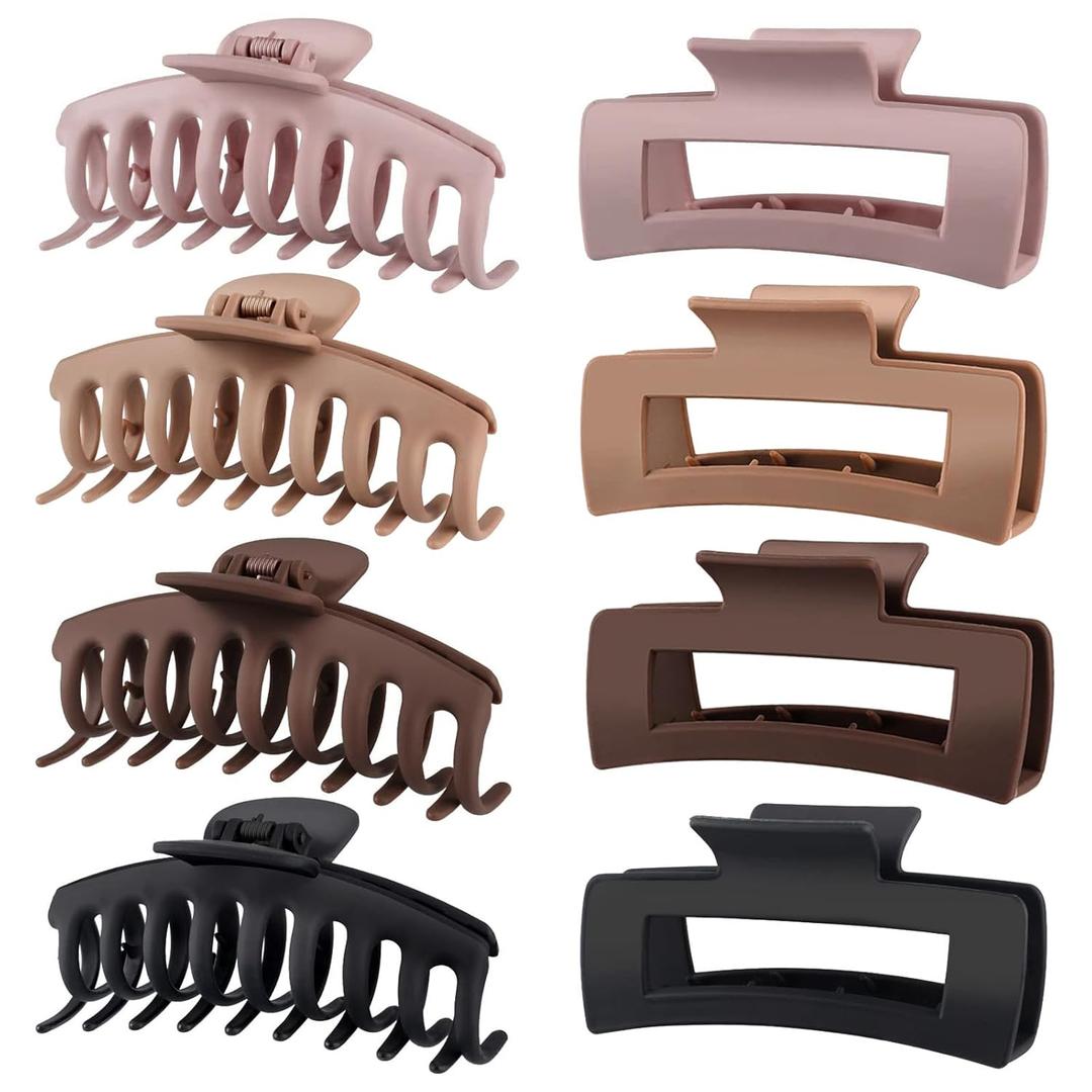 TOCESS Big Hair Claw Clips for Women - Neutral Large Claw Clip for Thin Thick Curly Hair 90's Strong Hold 4.33 Inch Nonslip Matte Jumbo Hair Clips (8 Pcs) (Assorted B.Black, Brown, Beige, Light Pink)